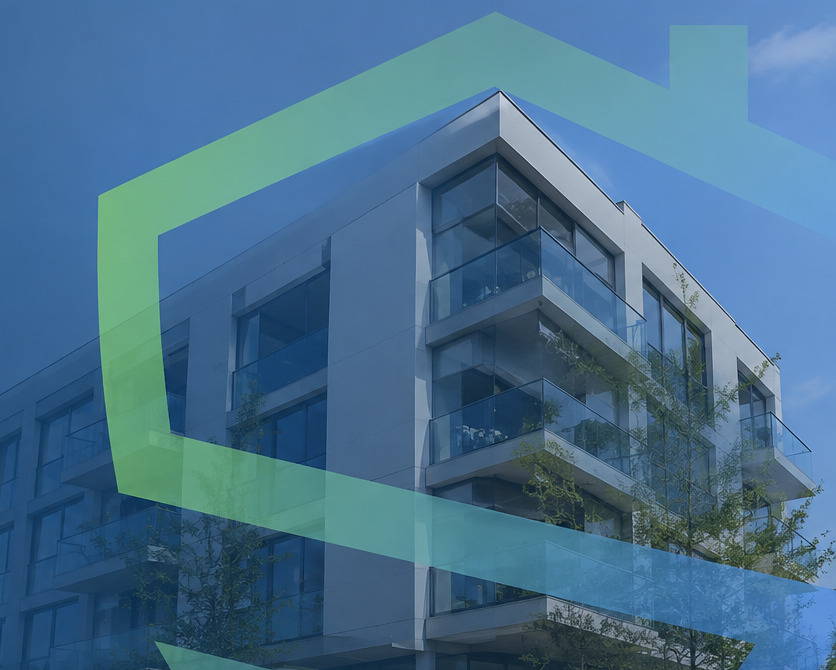 Modern appartementengebouw van vier lagen met glazen balkonhekken, met het beeldmerk van Stevig Kitwerk half doorschijnend eroverheen.
