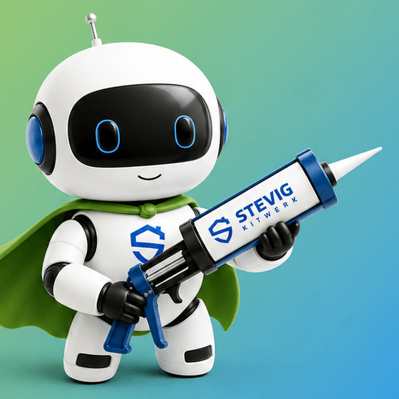 Kitty, de mascotte van Stevig Kitwerk: een witte robot met een groene cape en een kitpistool